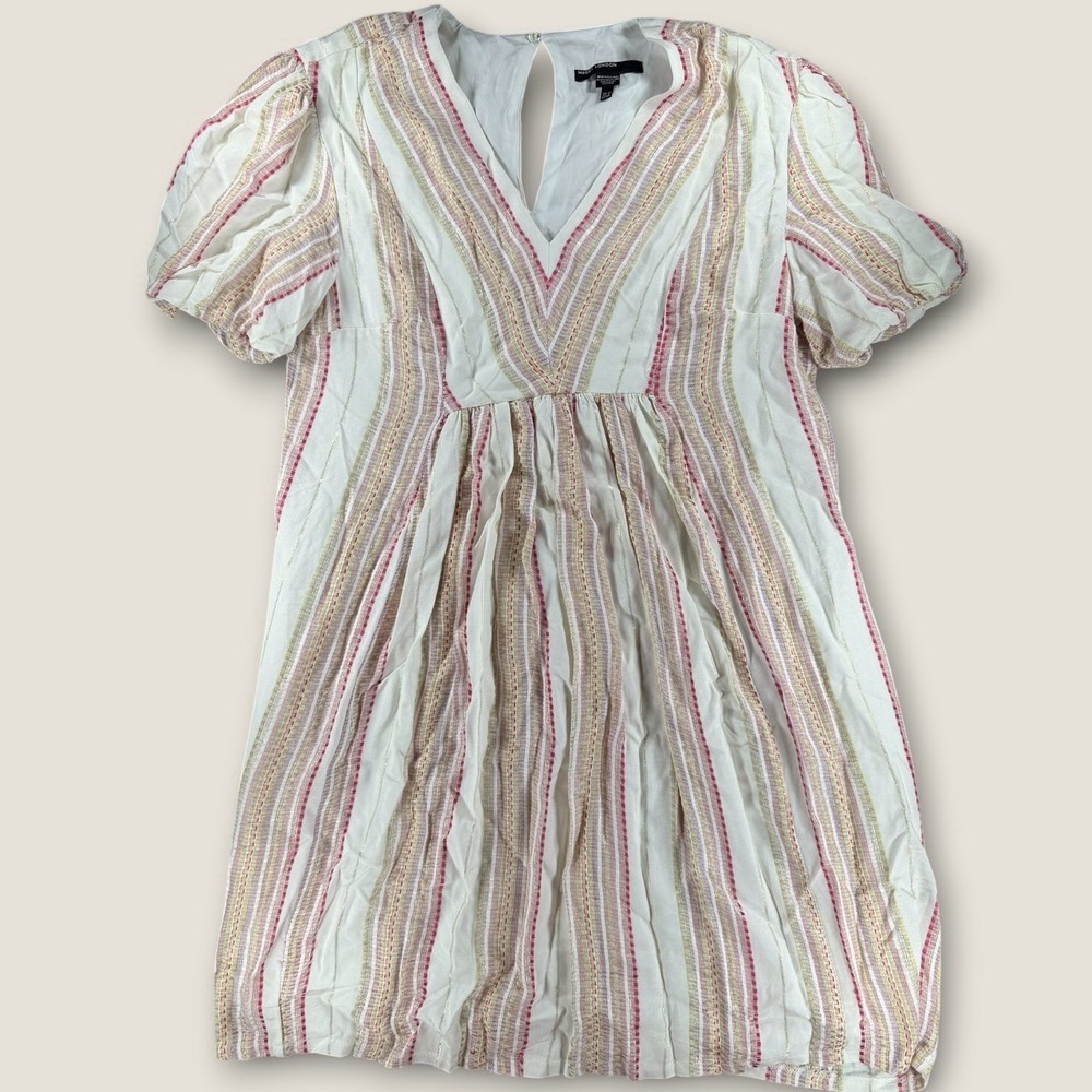 Maggy London Dress Womens 12 Pink Striped Metallic Boho Puff Sleeve V-Neck